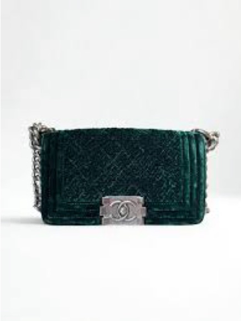 CHANEL Pine Green Crushed Velvet Mini Boy Bag.